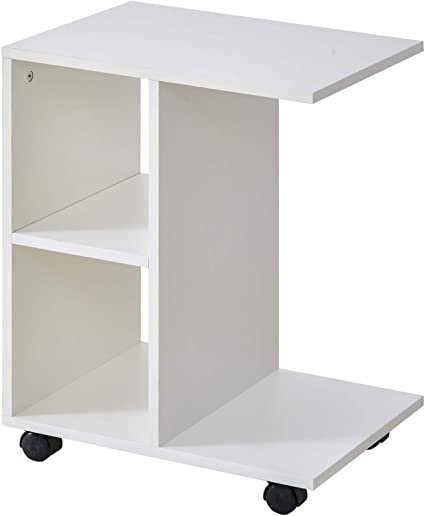 HOMCOM Mesa Auxiliar Multifuncional Mesa Lateral de Sofá en Forma de C con Estantes Abiertos y Ruedas con Bloqueo Diseño Compacto 45x35x58 cm Blanco