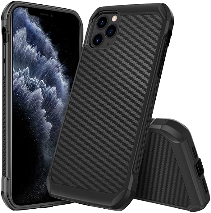 DUEDUE iPhone 11 Pro Max Case, Dual Layer Carbon Fiber Slim Hybrid Shock Absorbing Cover Hard PC Bumper Rugged Full Protective Case for iPhone 11 Pro Max 6.5"(2019), Black