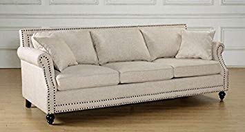Tov Furniture The Camden Collection Contemporary Linen Upholstered Living Room Sofa with Nailhead Trim, Beige
