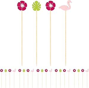 OGGI Tropical Cocktail Picks for Drinks 20 pcs - Tropical Cocktail Picks for Appetizers, Cocktail Picks Reusable, Tropical Party Decorations, Flamingo, Palm, Flowers, 4.5" / 11.5cm