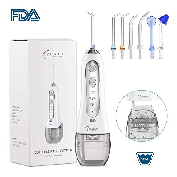 BESTOPE Water Flosser for Teeth Professional Cordless Oral Irrigator with 300ml Reservoir and 6 Jet Nozzles 3 Water Pressure USB Rechargeable Dental Floss