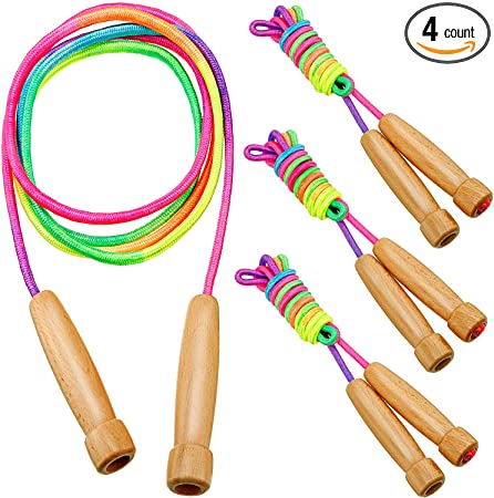 Gejoy 4 Packs Rainbow Jump Ropes Kids Cotton Skip Ropes 8 Feet Adjustable Rope with Wooden Handle for Fun Fitness Exercise Training Outdoor Activity Party Favors