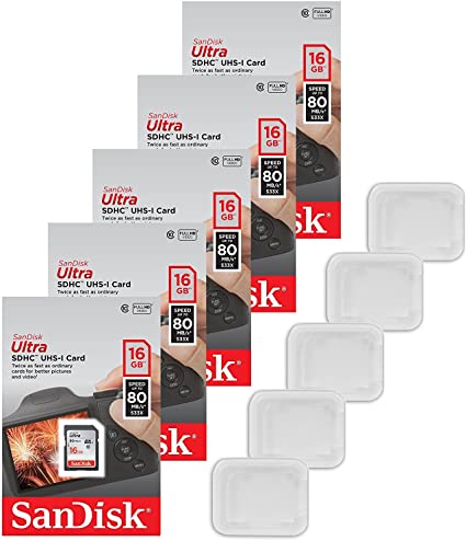 5x Genuine SanDisk Ultra 16GB Class 10 SDHC Flash Memory Card Up To 80MB/s Memory Card (SDSDUNC-016G-GN6IN) W/ Memory Card Case (5pcs)