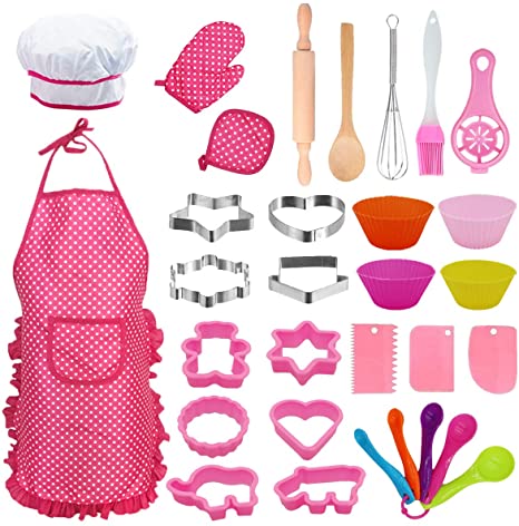 Conleke Kids Cooking and Baking Set, 31Pcs Toddler Dress Up Chef Role Play for 4 5 6 7 8 9 Year Old Boy Toys, Includes Apron for Little Boys, Chef Hat, Mitt, Cookie Cutter, Silicone Baking Cups (Pink)