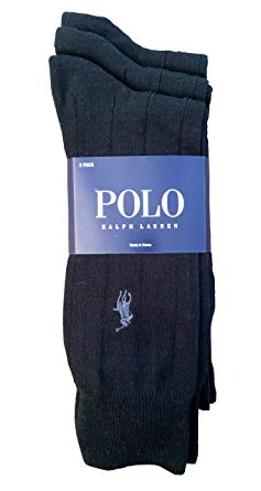 Polo Ralph Lauren Set of Three Men's Dress Socks, Solid Black, Grey Pony, Slightly Ribbed (Size 10-13)