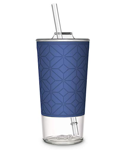 Ello Tidal BPA-Free Glass Tumbler with Straw, Bold Blue Texture, 20 oz.