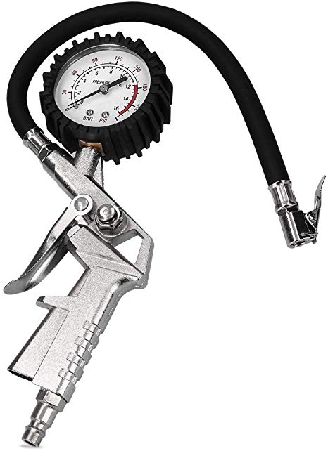 Navaris Tyre Inflator with Pressure Gauge - Accurate Tyre Dial Gauge with PSI and Bar - Air Pressure Gauge with Rubber Air Hose for Car Tyres