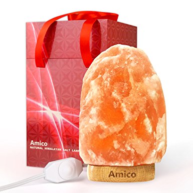 Amico Himalayan Salt Lamp,Hymilian Sea Salt Lights with Switch,3 Bulbs,UL and ETL Listed,Hand Carved Crystal Rock Night Lights with Wood Base and Gift Box(8-11 lbs)