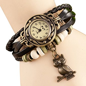 JQUEEN Owl Charms Weave Wrap Around Leather Bracelet Women Wrist Quartz Watch,Black