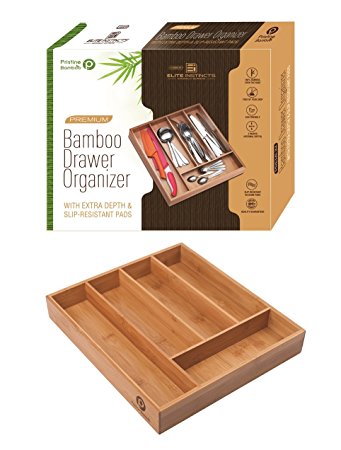Extra Deep, Non Slip Drawer Organizer | 100% Bamboo, Free of toxic MDF | Use for Silverware, Flatware, Utensils | Use in Kitchen, Bathroom or Office| by Pristine Bamboo (13.5 x 12 x 2.4)