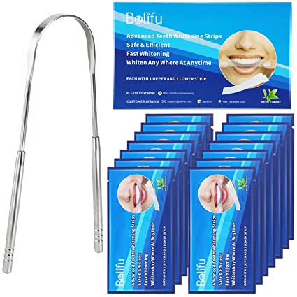 Belifu Teeth Whitening Strips, 3D Whitestrips Pack of 28 Strips, 14 Treatments, Non-Slip Professional Effect Teeth Whitening Kit with Tongue Scraper, Sensitivity Free, Remove Coffee Tea Tobacco Stains