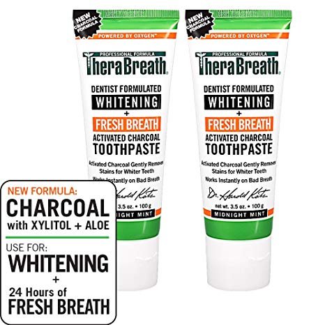 TheraBreath – Whitening   Fresh Breath Charcoal Toothpaste – Made in the USA – Whitens Teeth – Stops Bad Breath – No Artificial Flavors or Detergents – Midnight Mint Flavor – 3.5-oz. Tubes – Two-Pack