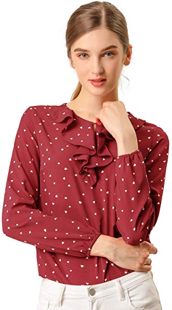 Allegra K Women's Ruffle Neck Long Sleeve Vintage Polka Dots Tunics Blouse Shirt