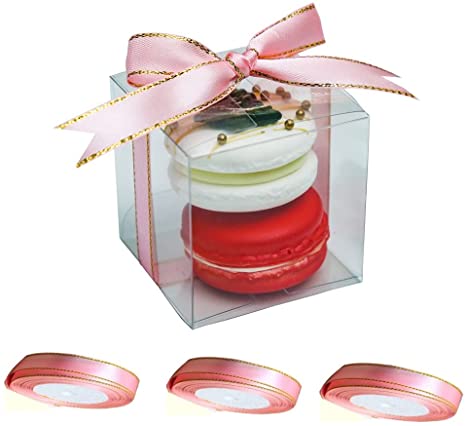 RomanticBking 100pcs Plastic Boxes With 3 Roll Pink Ribbon, 2.17 x 2.17 x 2.17 Inch 2 Macaron Boxes For Wedding Favors,Babay Shower,Birthday Party,Gift box for Candy Cookie Chocolate Donut