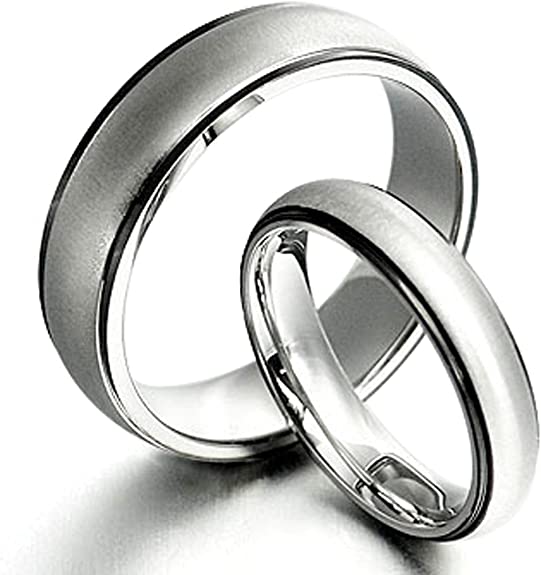 Gemini Free Engrave His and Her Two Tone Black Silver Matt Wedding Bands Matching Titanium Rings Set