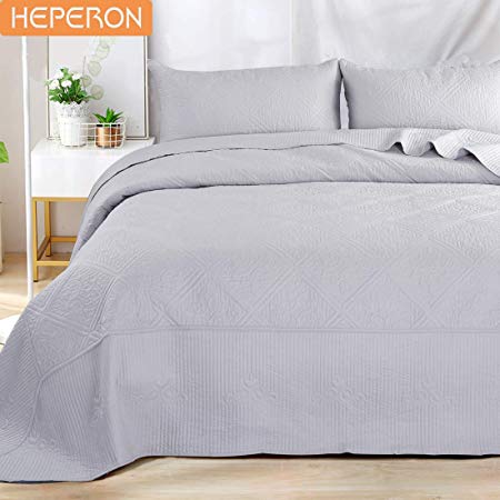 HEPERON Bedspread Queen Size Soft Microfiber Cotton Fitting Gray 3-Piece Quilted Reversible Coverlet Set for All Season,1 Bed Cover   2 Pillow Shams