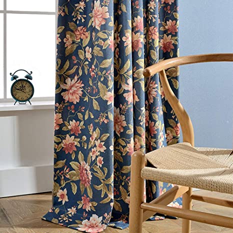 pureaqu Floral Leaf Print Navy Curtains Window Grommet Panels Thermal Insulated Faux Linen Look Room Darkening Drapes Curtains for Living Room/Balcony/Patio Doors 1 Panel W52 x L96 Inch
