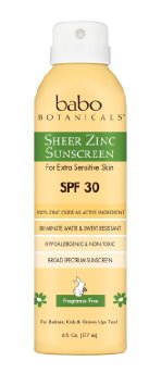 Babo Botanicals Sheer Zinc SPF 30 Natural Continuous Fragrance Free Sunscreen Spray, 6 Fluid Ounce