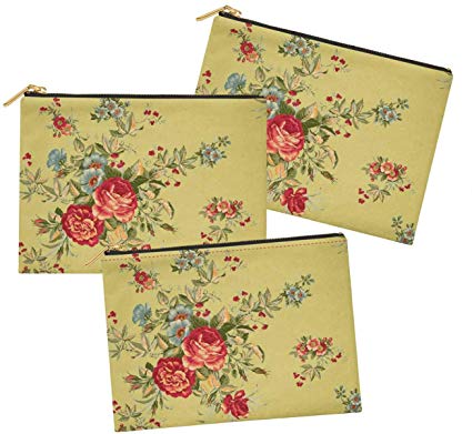 S4Sassy Orange Leaves,Rose & Miosotis Floral 3 Pc Printed Multipurpose Zipper Make Up Pouch Toiletry Bag Organizer-6 x 8 Inches