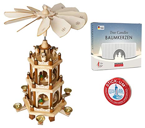 Set of BRUBAKER Christmas Pyramid 3-Tier 18 Inches   20 White Candles   Stick-Um Candle Adhesive