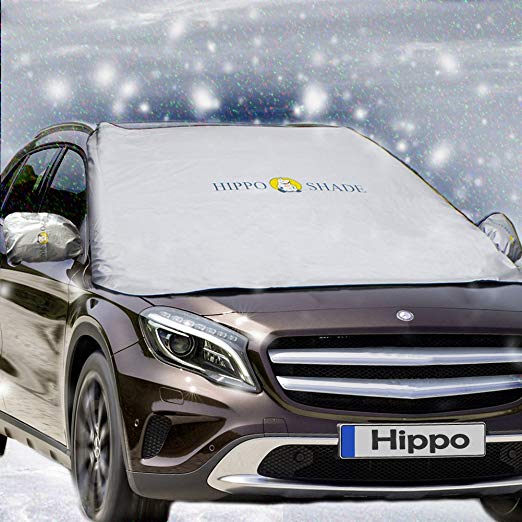 Hippo Windshield Snow Cover,Magnetic Windshield Cover & Mirror Covers Used for Storage Pouch - Ice Sun Frost and Wind Proof in All Weather, Fit for Most Vehicle with Size 74.86"×49.25"(Sliver)