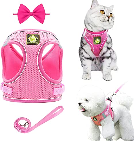 H&T Cat Harness and Leash for Walking Escape Proof Adjustable Kitten Harness No Pull Puppy Harness Step-in Outdoor Vest Harness for Small Dogs and Cats Reflective Breathable Lightweight (Pink,S)