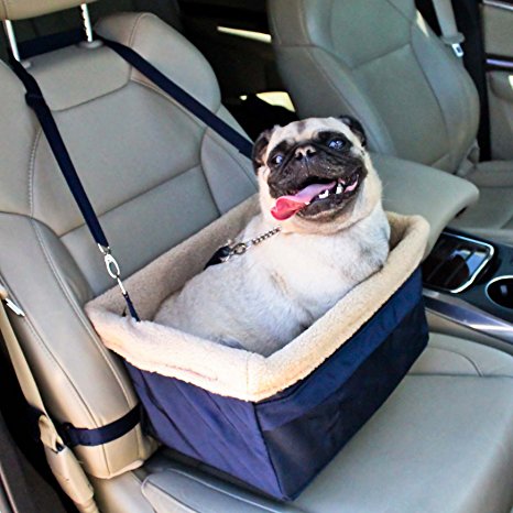 Deluxe Dog Booster Car Seat by Devoted Doggy Metal Frame Construction - Clip on Safety Leash - Zipper Storage Pocket – Perfect for Small and Medium Pets up to 20 lbs