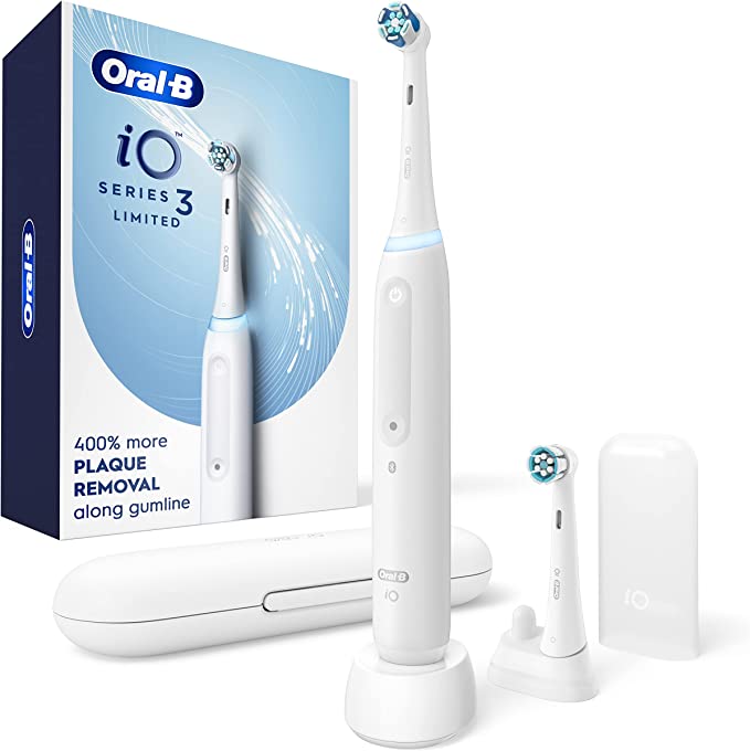 Oral-B Power iO Series 3 Limited Electric Toothbrush, Quite White, iO3 Rechargeable Power Toothbrush with 2 Brush Heads, Travel Case and Refill Holder