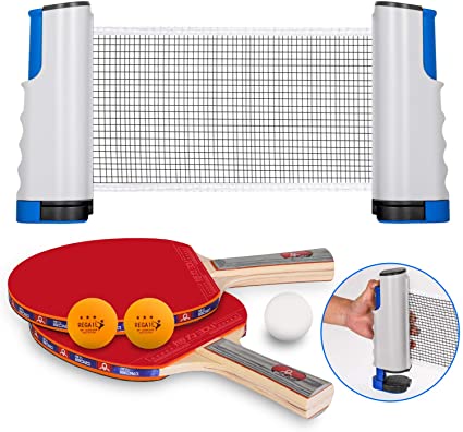 Samyoung Ping Pong Paddle Set - All-in-ONE Portable Table Tennis Set with Retractable Net (Bracket Clamps), 2 Rackets, 3 Balls, Perfect for Indoor/Outdoor Games