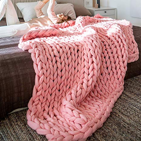 EASTSURE Chunky Knit Blanket Bulky Sofa Throw Hand-Made Pet Bed Chair Mat Rug,Pink,40"x47"