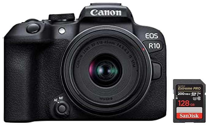 Canon EOS R10 24.2MP Mirrorless Digital Camera with RF-S18-45mm Kit Lens & SanDisk Extreme Pro SD UHS I 128GB Card for 4K Video for DSLR and Mirrorless Cameras 200MB/s Read & 90MB/s Write