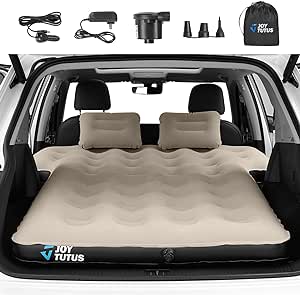 JOYTUTUS SUV Air Mattress for Car Camping, Upgraded Flocking and Extra Thick Oxford Surface Car Air Mattress, SUV Camping Tent Accessories with 2-in-1 Air Pump, 2 Pillows & Carry Bag (Camel)