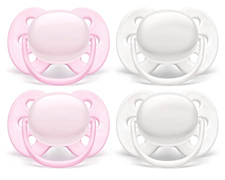 Philips AVENT Ultra Soft Pacifier, 0-6 Months, Arctic White/Pink, 4 Pack, SCF214/41