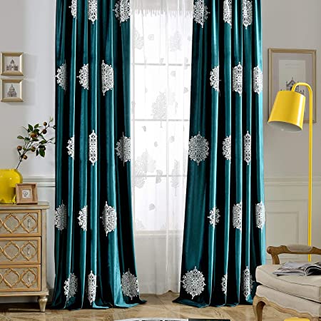 VOGOL 2 Pieces Flower Embroidered Curtains, Soft Luxury Velvet Blackout Curtain for Bedroom & Living Room, 52x96, White Floral in Dark Green