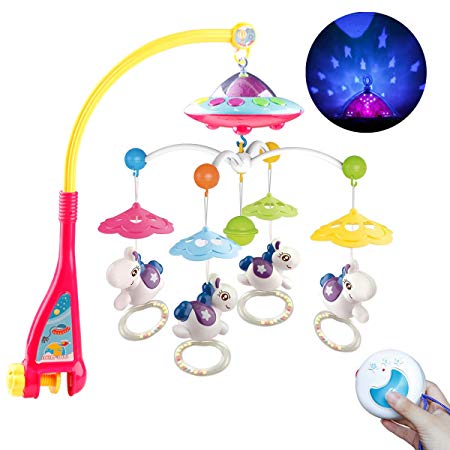 Mini Tudou Musical Baby Crib Mobile with Projector Lights and Music, Remote Control Musical Box Crib Holder for Newborn Baby Boys Girls 2019 New Version