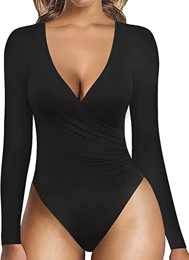 MANGOPOP Women's Cross Wrap Ruched Plunge Neck Deep V Long Sleeve Short Sleeve Bodysuits