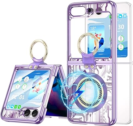 Designed for Samsung Galaxy Z Flip 5 Case Clear with Ring[Compatible with MagSafe], Anti-Fall Shockproof Protective Phone Cover Case Plating for Galaxy Z Flip 5 Case 5 G 2023 (Purple)