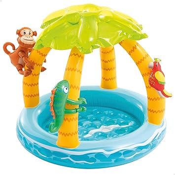 Intex 58417 Piscina Hinchable Infantil, para Bebés, Isla Tropical, para Niños de 1 a 3 Años, Capacidad de 45 litros, Suelo Hinchable, 102 cm de Diámetro y 86 cm de Alto, Incluye Parche de Reparación