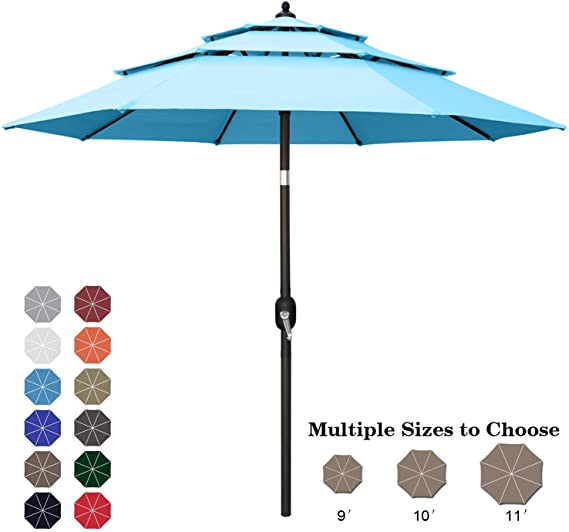 ABCCANOPY 10FT 3 Tiers Market Umbrella Patio Umbrella Outdoor Table Umbrella with Ventilation and Push Button Tilt for Garden, Deck, Backyard and Pool,8 RibsTurquoise