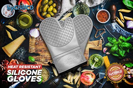 ByChefCD Professional Silicone Oven Mitts/Heat Resistant Gloves Non-Slip Professional Cooking Gloves, Kitchen Potholders and Oven Mitts, Grill Gloves Heat Resistant, Best Oven Mitt (Grey)