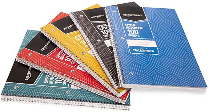 AmazonBasics College Ruled Wirebound Notebook, 100-Sheet, Assorted Sunburst Pattern Colors, 5-Pack