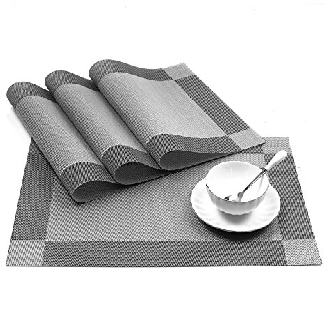 U'artlines 18"x12" PVC Placemats for Dining Table Stain-resistant Woven Vinyl Kitchen Placemat for Thanks Giving Holiday Vinyl Placemats Set of 4 (Silver-gray)