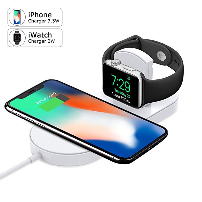 Apple Watch Charger, iPhone Wireless Charger Replacement, Ultra-Thin 2 in 1 Qi Charging Pad Stand Compatible with Apple Watch Series 1/2/3 iPhone X iPhone 8/8Plus for Samsung Galaxy Note