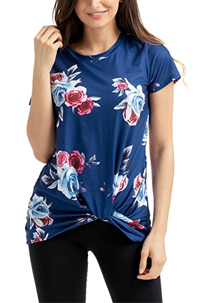 Dokotoo Womens Summer Casual Short Sleeve Floral Knot Blouse Tops and T-Shirts