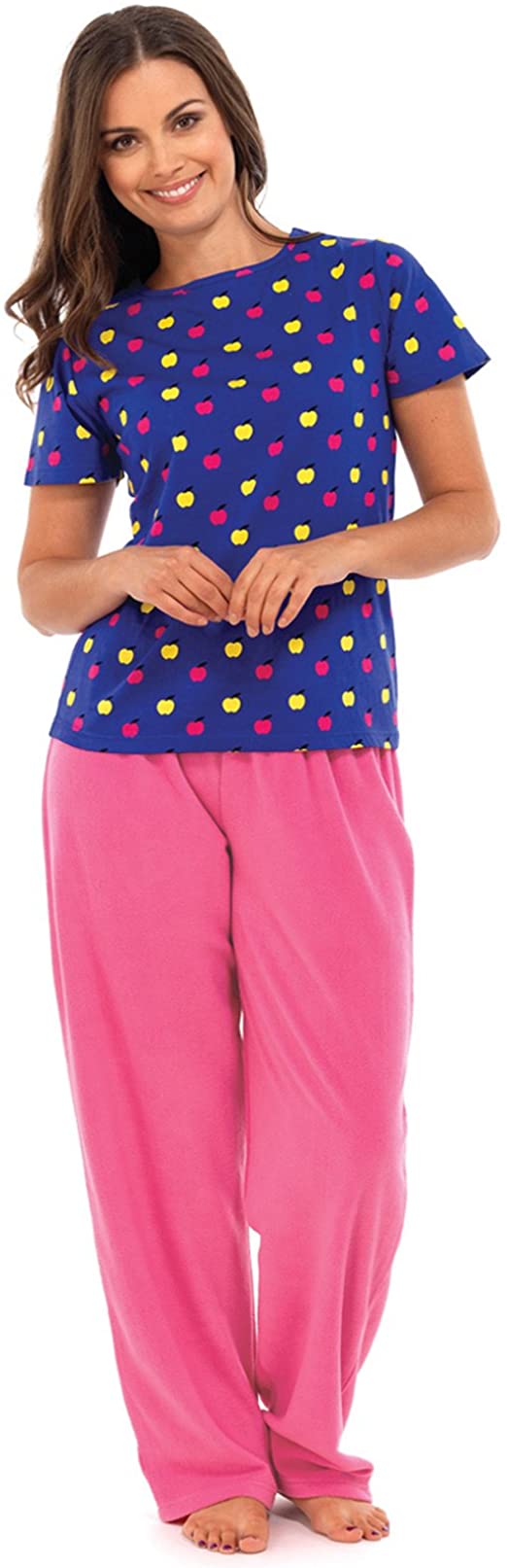 Ladies Pyjama Gift Set Long Fleece Trousers T-Shirt Top Apple Dragonfly Mushroom