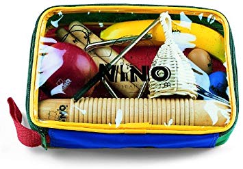 Nino Percussion Kids' Rhythm Set with 9 Pieces, Includes Egg & Fruit Shakers, Claves, Triangle, Caxixi, and Guiro - NOT MADE IN CHINA - Perfect for Classroom Music, 2-YEAR WARRANTY (NINOSET4)