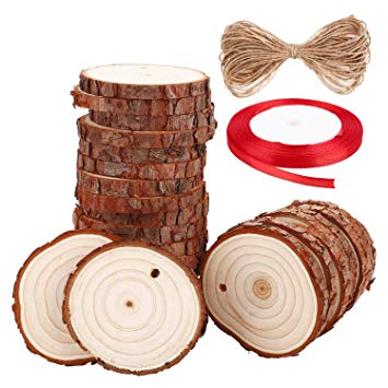 Natural Wood Slices SOLEDI 30 Pcs 6-7cm Craft Wood Kit Include Hemp Rope and Ribbon Use for Handmade Craft - Decoration - Medal - Key chain etc Perfect Gift for Christmas and Memorial Day!