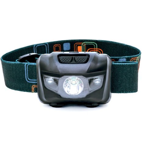 LED Headlamp - Great for Camping, Hiking, Dog Walking, and Kids. One of the Lightest (2.6 oz) Headlight. Best Flashlight. Water & Shock Resistant with Red Strobe. 3 AAA Duracell Batteries Included.