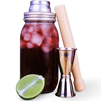 CJ Lifestyle Mason Jar Cocktail Shaker with Solid Wooden Muddler and Full Size Jigger, 24-Ounce