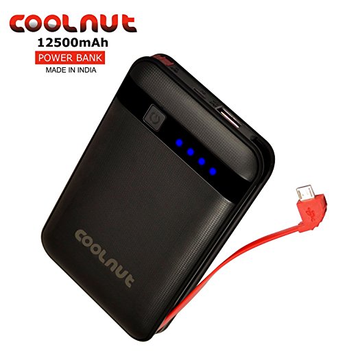 COOLNUT PowerBank 12500mAh with Inbuilt Cable, 4- LED Indicator For All Smartphone (Black)